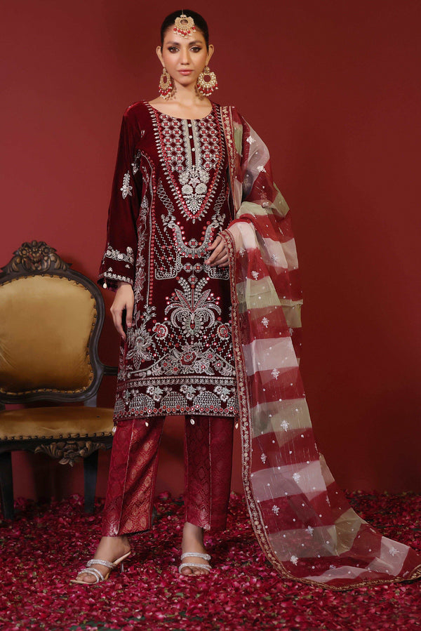 3 PIECE - EMBROIDERED VELVET SUIT 136K - Dressline Fabric