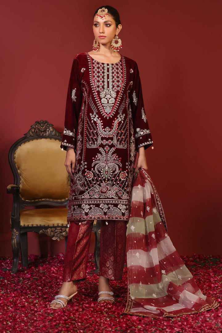 3 PIECE - EMBROIDERED VELVET SUIT 136K - Dressline Fabric