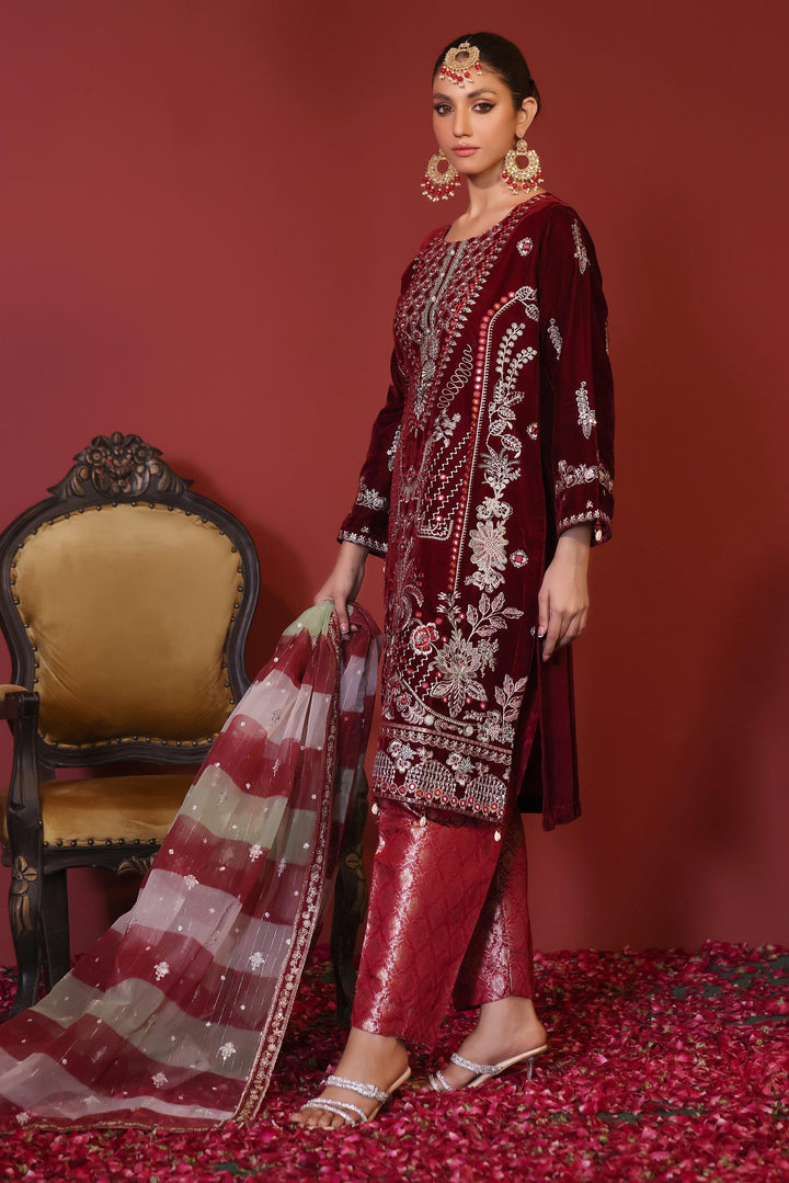 3 PIECE - EMBROIDERED VELVET SUIT 136K - Dressline Fabric