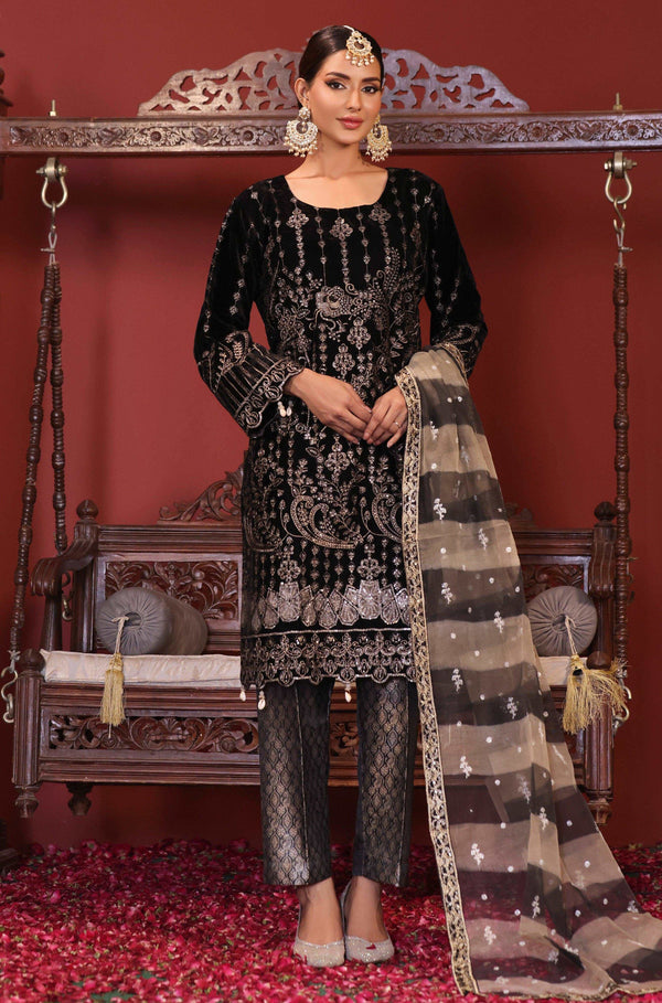 3 PIECE - EMBROIDERED VELVET SUIT 135K - Dressline Fabric