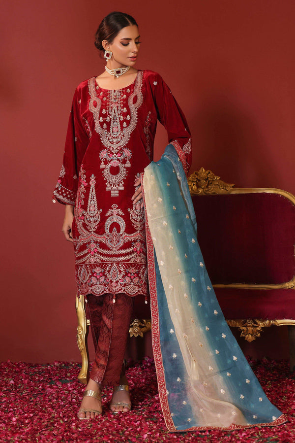 3 PIECE - EMBROIDERED VELVET SUIT 142K - Dressline Fabric