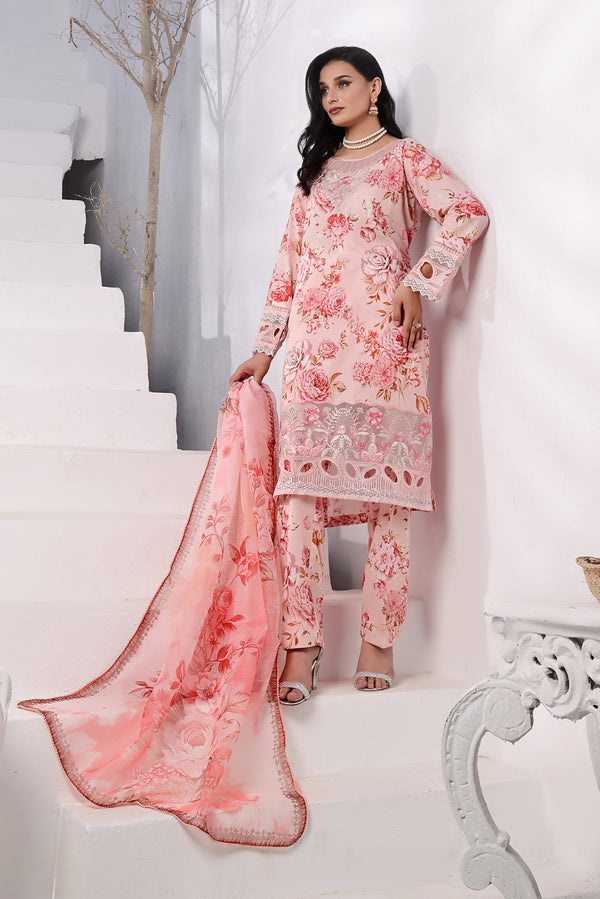 3 PIECE - EMBROIDERED LASERKARI LAWN SUIT 605K