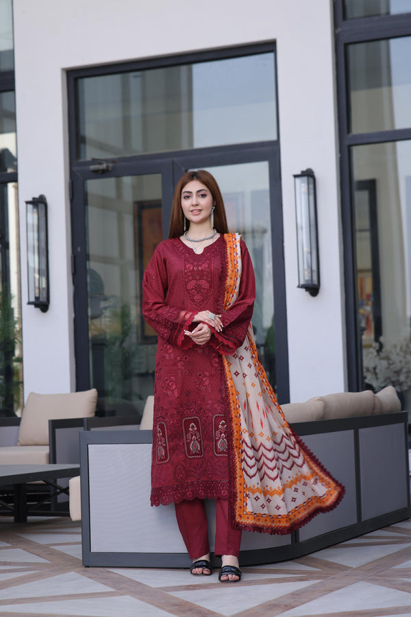 New Semi Stitched 3 Pcs Premium Dyed Lawn Fancy Full Chikan-Kari with Sequence Embroidered Collection