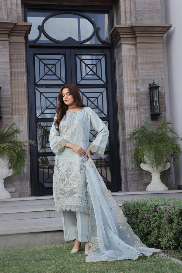 New Semi-Stitched  3 Pcs Premium Embroidered Chicken-Kari & Laser-Kari Jacquard Lawn Collection