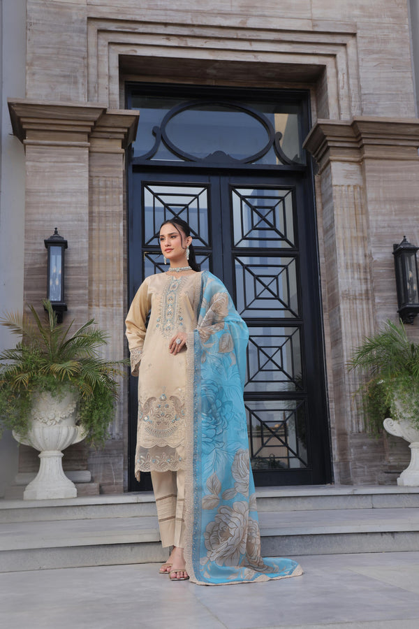 New Semi-Stitched  3 Pcs Premium Embroidered Chicken-Kari & Laser-Kari Jacquard Lawn Collection