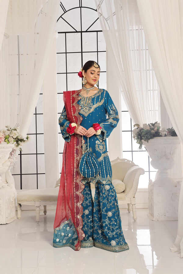 New semi stitched Luxury Embroidered Chiffon Gharara Collection