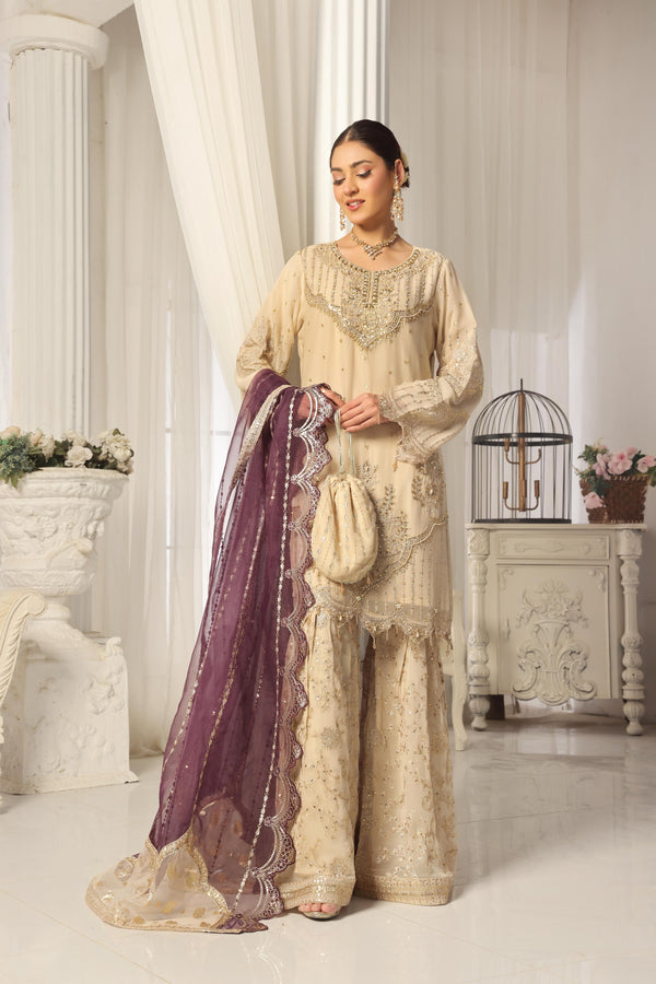 New semi stitched Luxury Embroidered Chiffon Gharara Collection