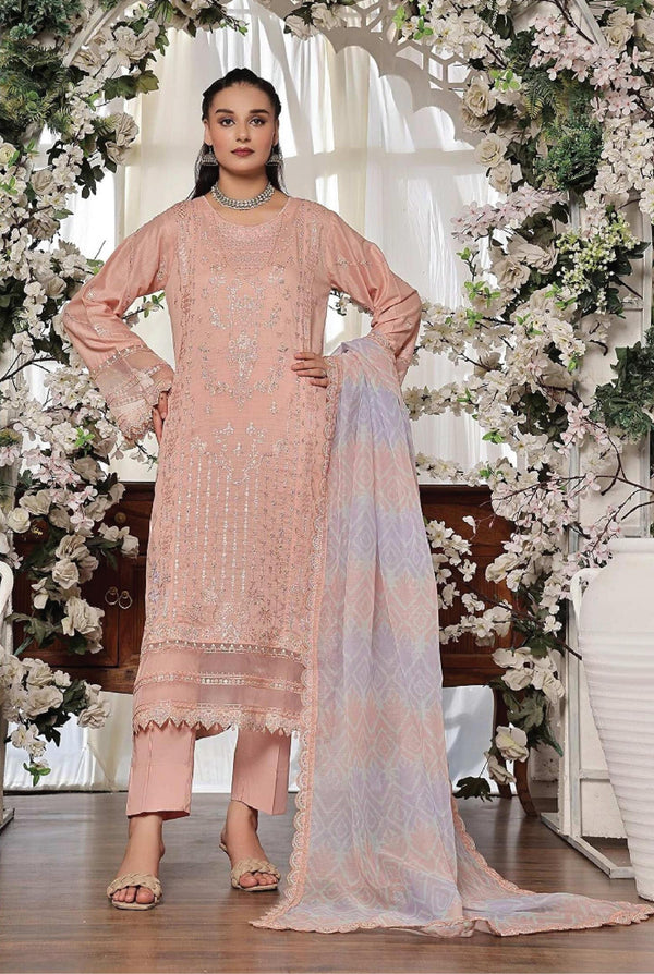 New Semi Stitched 3 Pcs Premium Dyed Lawn Fancy Full Chikan-Kari with Sequence Embroidered Collection