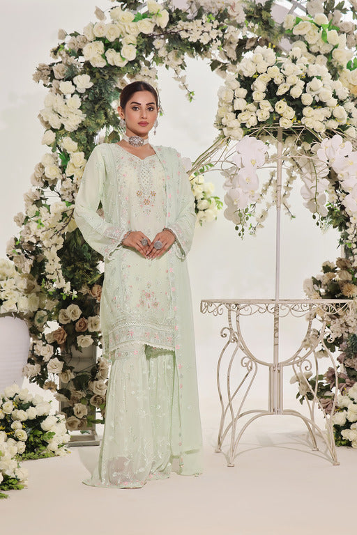 Stitched 3 Piece Embroidered Luxury Chiffon Gharara Collection